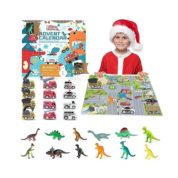 Calendrier de lAvent 2023 Jouet Enfant, 24 Jours de Surprise Calendrier de Noël dont 12 Dinosaures et 12 Véhicules à Tirer c