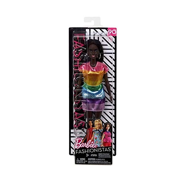 Barbie Fashionistas poupée mannequin 90 aux longs cheveux noirs avec robe arc-en-ciel et boucles doreilles, jouet pour enfa