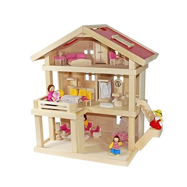 Villa Freda Rosé Maison de poupée en bois Villa de ville + meubles de maison de poupée + famille de poupées avec bébé + houss