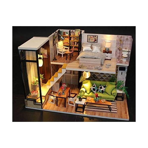 XBR 3D Puzzles Miniature DIY Kit Europe Maisons de Poupées Maisons avec Meubles LED Boîte à Musique Cadeau pour Femmes et Fil