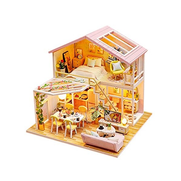 Kit De Modèle De Maison De Poupée Loft Rose Miniature Bricolage avec Meubles Chambre De Fille Modèle De Maison en Bois Assemb