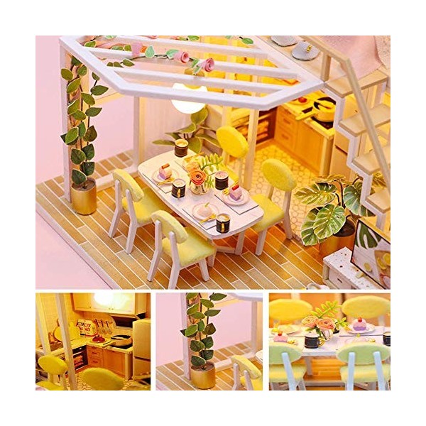 Kit De Modèle De Maison De Poupée Loft Rose Miniature Bricolage avec Meubles Chambre De Fille Modèle De Maison en Bois Assemb