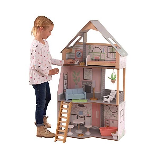 KidKraft Maison de Poupée en Bois Alina incluant Accessoires et mobilier, Ensemble de Jeu à 3 étages avec Un Chien et escalie