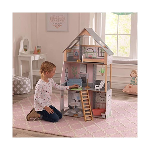 KidKraft Maison de Poupée en Bois Alina incluant Accessoires et mobilier, Ensemble de Jeu à 3 étages avec Un Chien et escalie