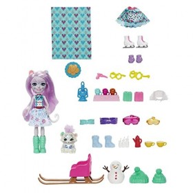 Enchantimals, Calendrier de l’Avent avec Poupées Sybill Léopard des Neiges et Figurine Flake et 24 accessoires surprises, Jou