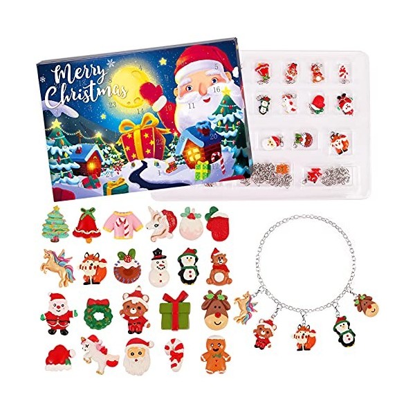 SearchI Calendrier de lAvent 2022 Xmas Calendrier de Noël pour enfants avec 24 surprises Charmes de Noël, collier Bracelets 