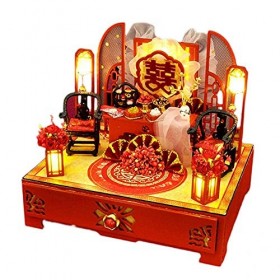 Kit De Maison De Poupée Bricolage avec Anti-Poussière Miniature Mariage Chinois Maison De Poupées Meubles Lumières LED Salle 