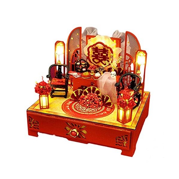 Kit De Maison De Poupée Bricolage avec Anti-Poussière Miniature Mariage Chinois Maison De Poupées Meubles Lumières LED Salle 