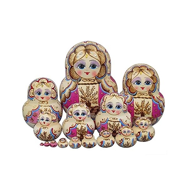 HRTC Poupées Russes 15 pièces poupées gigognes Russes blé et Fleur Rose Ensemble de Matryoshka Traditionnel en Bois Artisanat