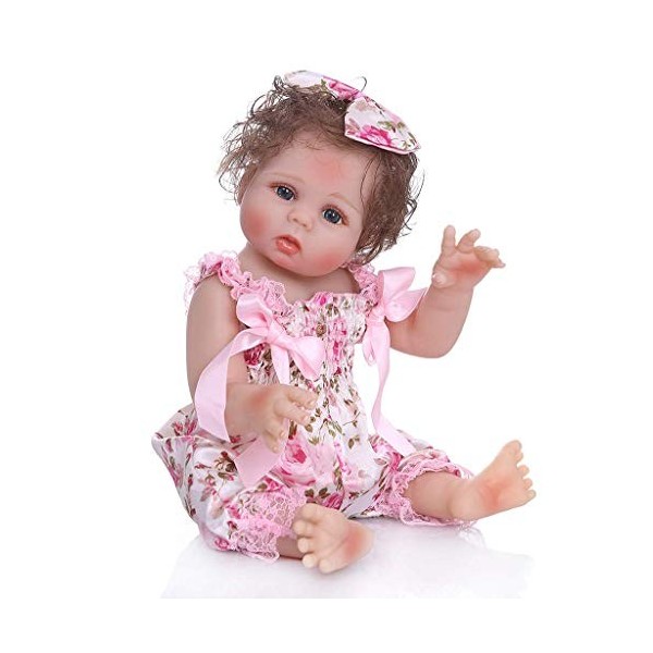 Poupées Bébé Reborn, 48CM Bebe Réaliste Bébé Reborn Fille en Robe Fleurie Rose Corps Complet en Silicone Souple Anatomiquemen