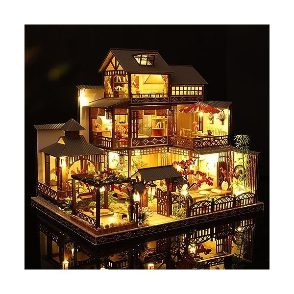 Kit de Maison de Poupée Bricolage Maison de Poupée Miniature En Bois Avec Housse Anti-Poussière pour Meubles et Lumières LED 