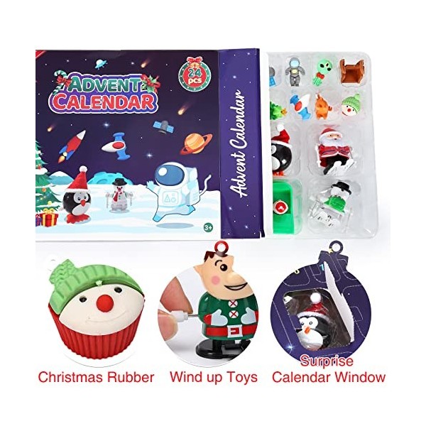 AlagiFun Calendrier de lAvent pour enfants avec compte à rebours de Noël de 24 jours, 8 jouets éoliens Père Noël + 16 gommes