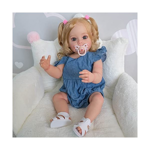 MHXZKHL 55CM Entièrement en Silicone Poupée Reborn Fille 22 Pouces Réaliste Bébé Reborn Nouveau Née Cheveux Blonds Yeux Bleus