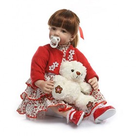 Poupee Reborn Bébé Fille 60cm 24 Pouces Réaliste Poupée Bebe Reborn Robe Rouge Cheveux Longs Fait Main Silicone Souple Simula