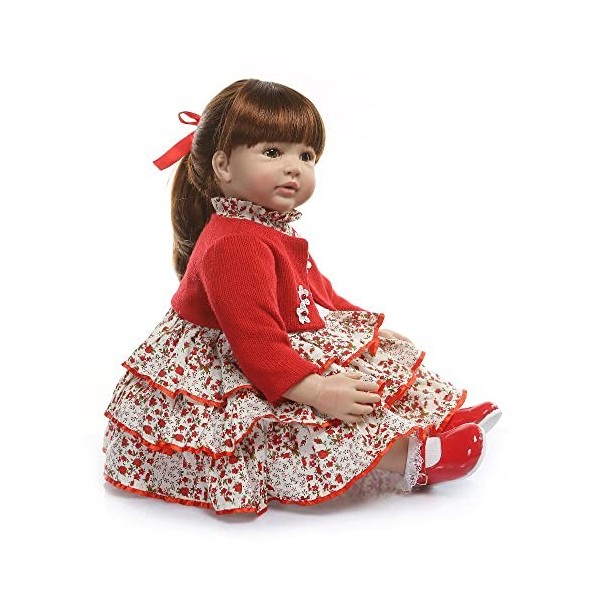 Poupee Reborn Bébé Fille 60cm 24 Pouces Réaliste Poupée Bebe Reborn Robe Rouge Cheveux Longs Fait Main Silicone Souple Simula