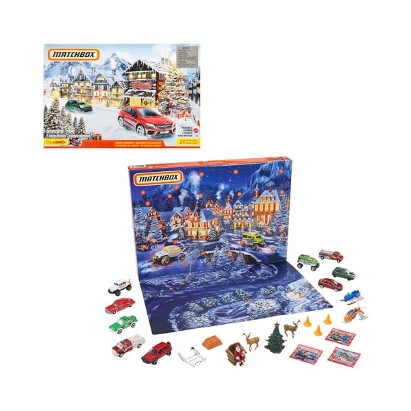 Matchbox Calendrier de lavent, contient 24 surprises dont 11 petites voitures et 13 accessoires, pour enfants dès 3 ans, GXH