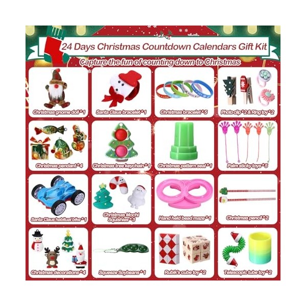 Auniq Calendrier de lAvent 24 pièces avec mini figurines, jouets et décorations de Noël, boîte mystère 2023, calendrier de c