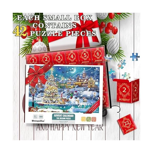 Weeupolfun Calendrier de lAvent 2023 Jigsaw Puzzle 1008 pièces, cadeaux de Noël pour adultes et enfants, calendrier de lAve