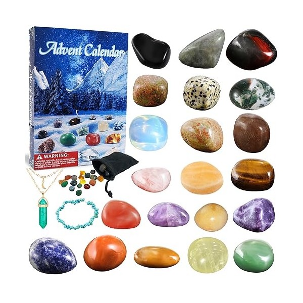 Aitsite Calendrier de lAvent 2023 - Avec pierres naturelles en cristal naturel - Collection de pierres - Pour garçons et fil