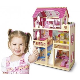 Leomark Mansion de Rêves de Poupée Villa Résidentielle - en Bois - avec Meubles Plus Poupées, Haute Qualité Belles, Couleurs,