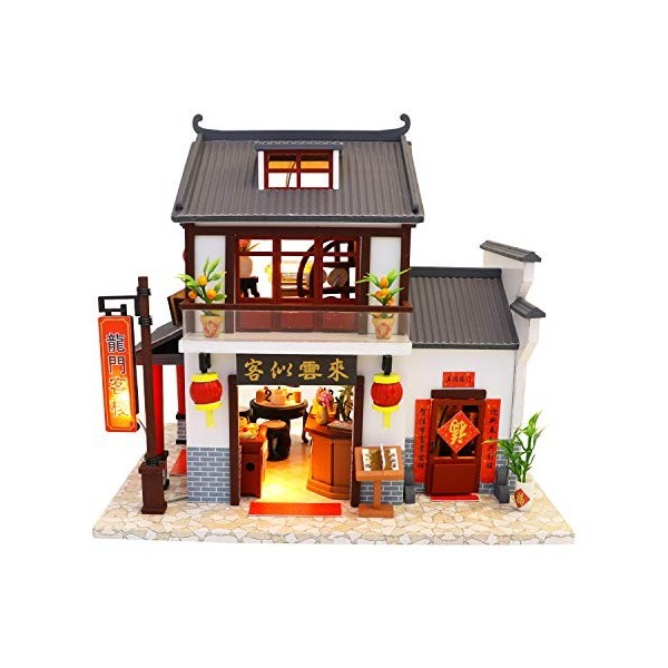 Cool Beans Boutique Kit maison de poupée miniature DIY en bois ancien restaurant chinois - Dragon Gate Inn - avec housse anti