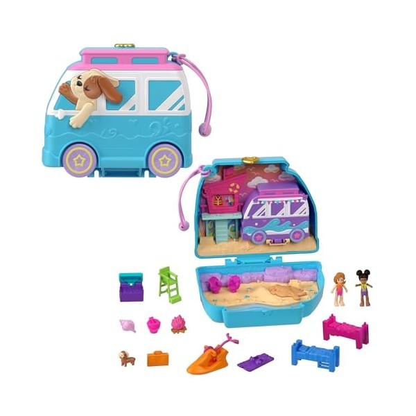 Polly Pocket Coffret Chiot À La Plage Avec 2 Mini-Figurines, Shani Et Son Amie, 12 Accessoires Dont 1 Camping-Car Et 5 Élémen