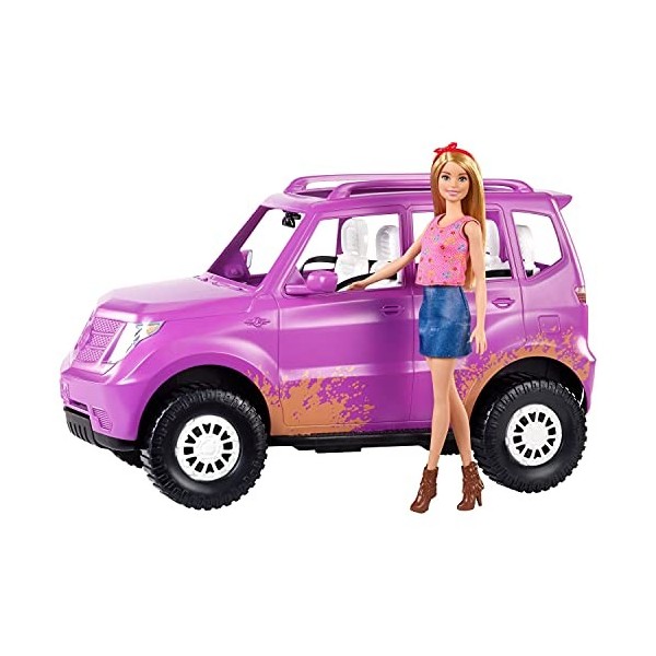 Barbie Mobilier voiture 4x4 tout terrain, véhicule mauve décapotable et une poupée blonde incluse, jouet pour enfant, GHT18