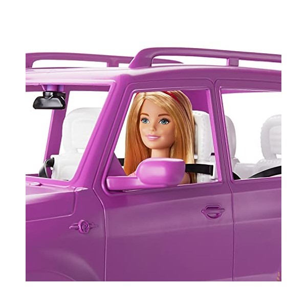 Barbie Mobilier voiture 4x4 tout terrain, véhicule mauve décapotable et une poupée blonde incluse, jouet pour enfant, GHT18