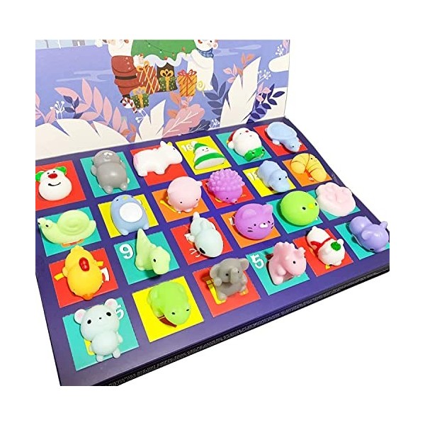 PANSHAN Calendrier de l’Avent à 24 jouets en caoutchouc souple pour enfants - Animaux Kawaii