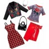 Barbie Fashionistas Kit vêtements, 2 tenues pour poupée, dont robe, jupe, t-shirt, veste et accessoires, jouet pour Enfant, F