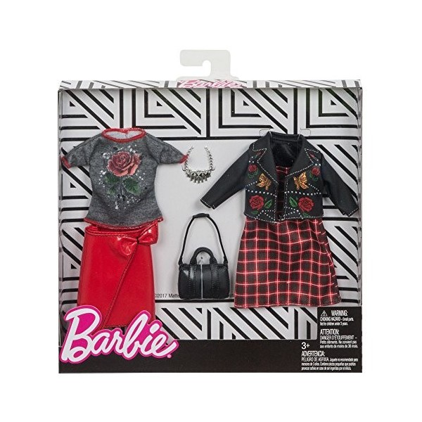 Barbie Fashionistas Kit vêtements, 2 tenues pour poupée, dont robe, jupe, t-shirt, veste et accessoires, jouet pour Enfant, F