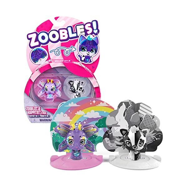 Zoobles Animals Rainbow Butterfly et Black-White Fox Lot de 2 Figurines à Collectionner avec mécanisme de Transformation et 2