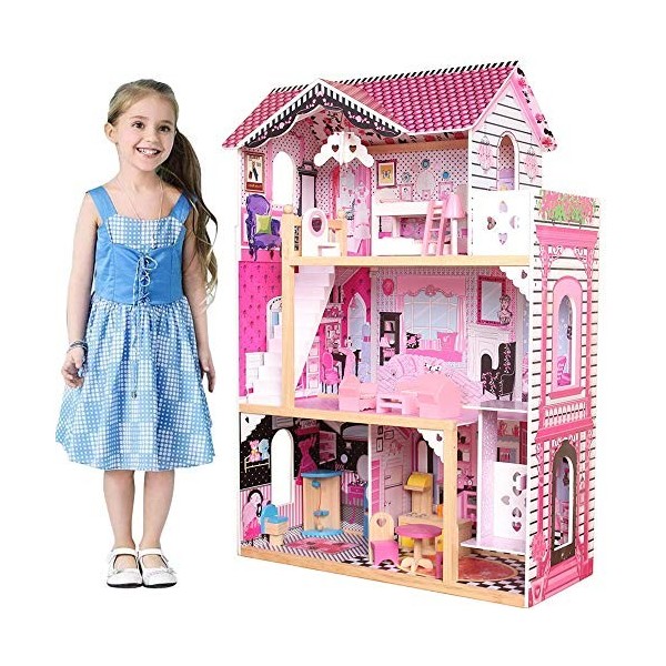 BAKAJI Maison des poupées Jouet pour enfants, entièrement fabriqué en bois, 3 étages, 4 compartiments soigneusement conçus da