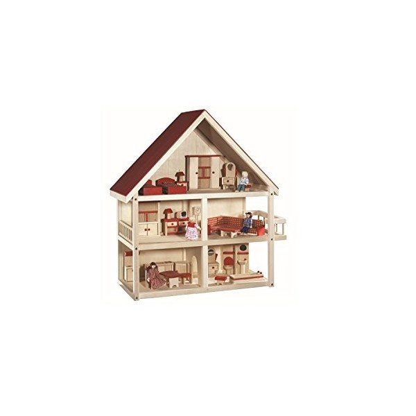 roba Maison de Poupée en Bois + Meubles et Poupées - Maison de Jeu - dès 3 Ans - Naturel / Rouge