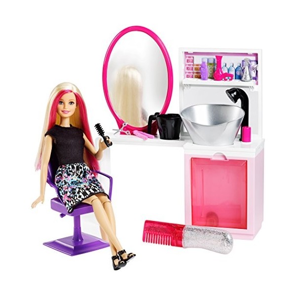 Barbie Coffret poupée et son salon de coiffure, peigne à paillettes et  accessoires inclus, jouet pour enfant, DTK05