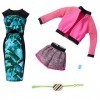 Barbie Fashionistas Kit vêtements, 2 tenues pour poupée dont veste de sport rose, short, robe imprimée et accesssoires, jouet