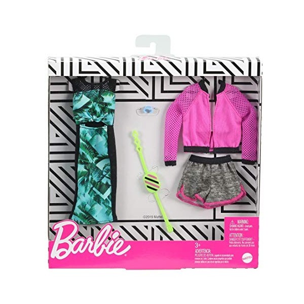 Barbie Fashionistas Kit vêtements, 2 tenues pour poupée dont veste de sport rose, short, robe imprimée et accesssoires, jouet