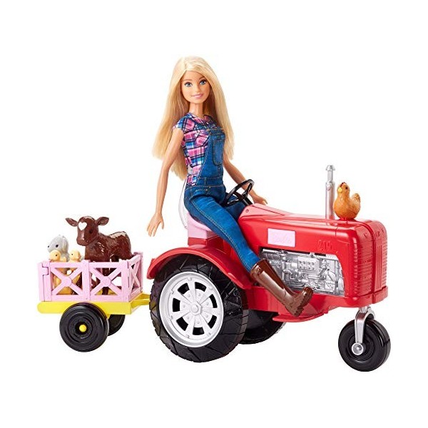 Barbie Métiers Coffret Ferme avec poupée fermière en salopette et tracteur rouge avec charrette et figurines danimaux, jouet