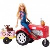 Barbie Métiers Coffret Ferme avec poupée fermière en salopette et tracteur rouge avec charrette et figurines danimaux, jouet