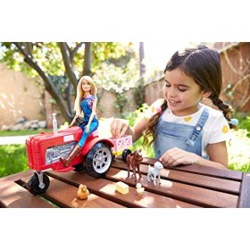 Barbie Métiers Coffret Ferme avec poupée fermière en salopette et tracteur rouge avec charrette et figurines danimaux, jouet