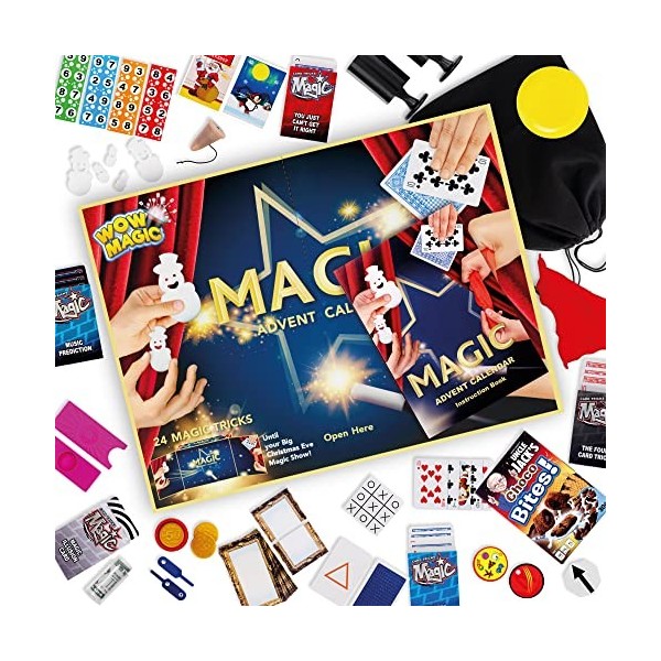 WOW Magic Calendrier de lAvent 2022 – Comprend 24 tours de magie surprises pour enfants, un sac de rangement + un guide din