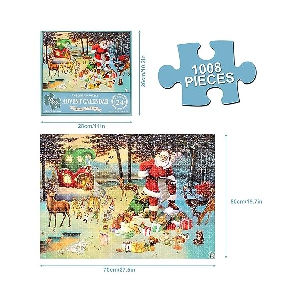 Calendrier de lAvent de Noël 2023 Puzzle，Famille Puzzle de vacances 1008 pièces, 24 boîtes Puzzle pour le compte à rebours d