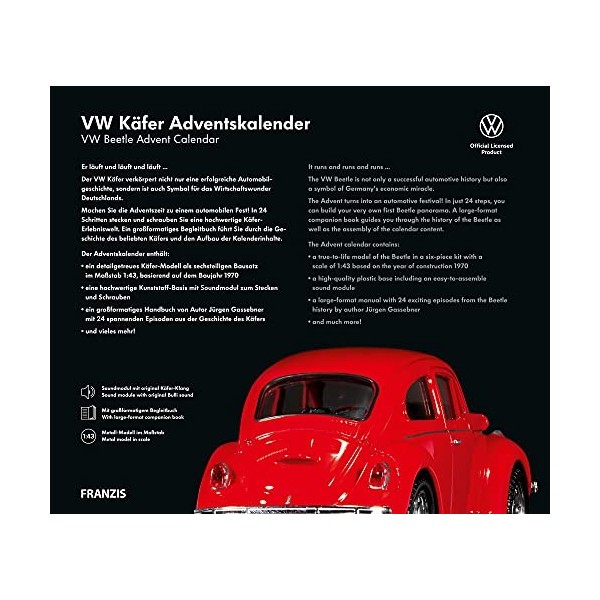 FRANZIS 55255-VW Coccinelle Calendrier de lAvent Rouge, kit de modèle réduit en métal à léchelle 1:43, Module sonore et Liv
