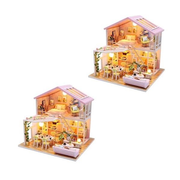 TAUIANE Maison de Poupée en Bois Bricolage, Modèle de Chambre Rose Chaud, Loft en Bois pour Fille Rose,Micro Maison Paysagère