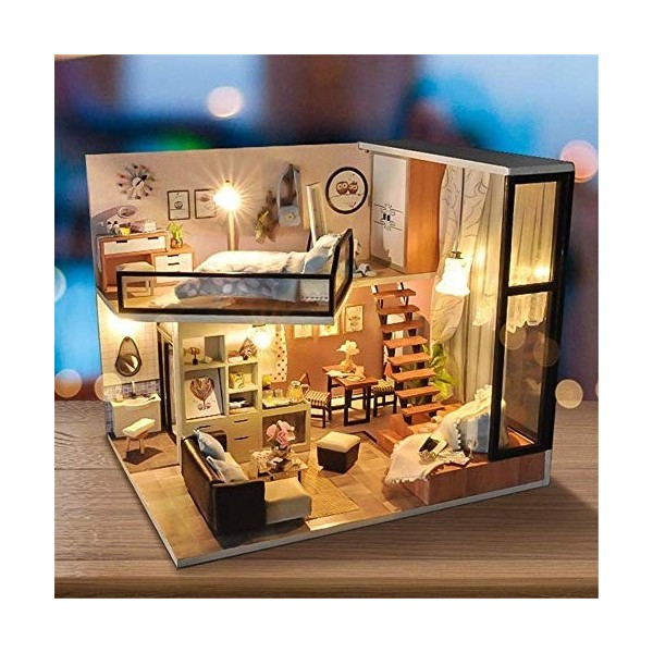 BONOCO Cabine Double Étage Grenier Maison De Poupée Miniature Meubles Assemblage En Bois Kit De Maison De Poupée Plus Anti-Po