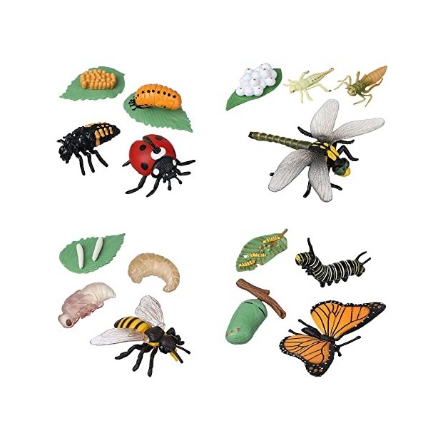 JOKFEICE Lot de 16 jouets à insectes - Cycle de vie de papillon, abeille, libellule et coccinelle - Jouet éducatif précoce - 