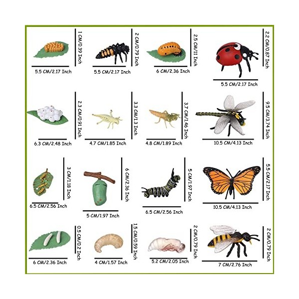 JOKFEICE Lot de 16 jouets à insectes - Cycle de vie de papillon, abeille, libellule et coccinelle - Jouet éducatif précoce - 