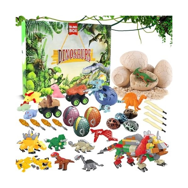 Cykapu Boîte à jouets en forme de dinosaure - 24 pièces - Calendrier de lAvent de Noël - 6 en 1 - Jouet éducatif - Cadeau cr