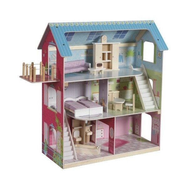 roba Maison de Poupée en Bois à 3 Étages avec Escalier et Balcon + 16 Pièces de Mobilier Miniature - Rose/Bleu