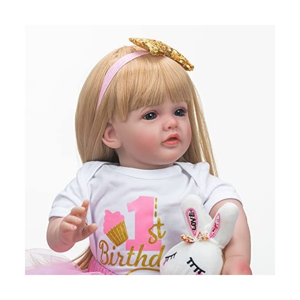 Belles Poupées Reborn pour Tout-Petits Cheveux Blonds 24 Pouces 60 Cm Poupées en Silicone Souple Yeux Bleus De Vrais Bébés Po